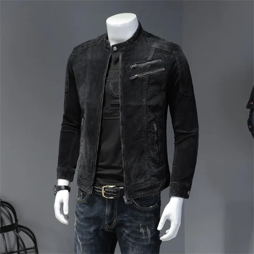 Herren-Jeansjacke mit Stehkragen und schmaler Passform in Schwarz