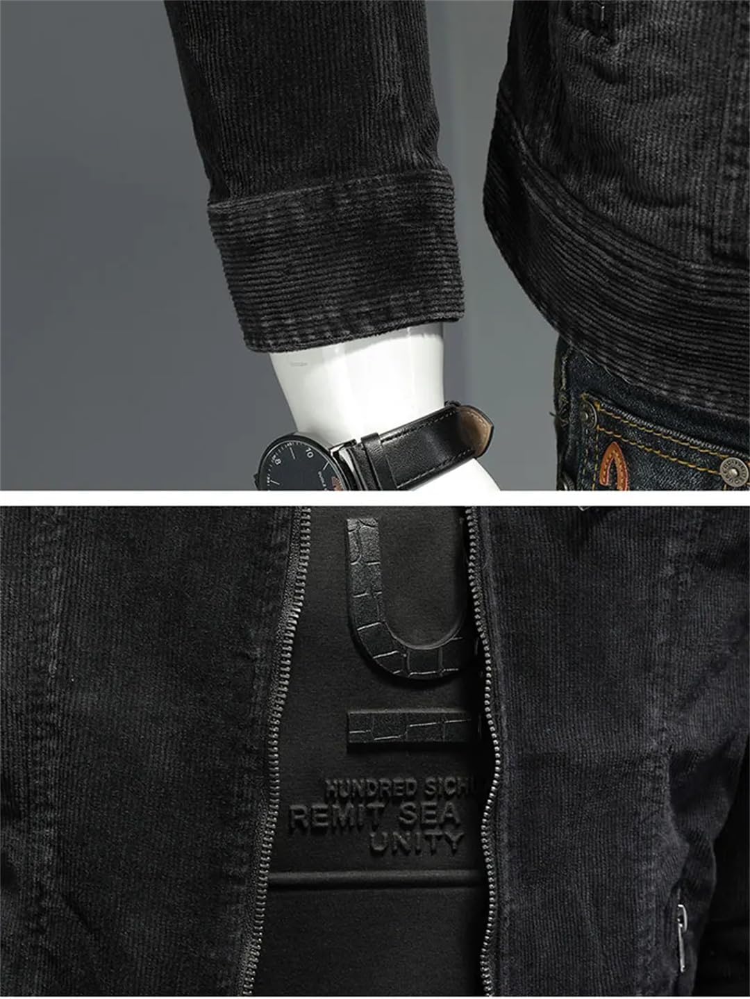 Herren-Jeansjacke mit Stehkragen und schmaler Passform in Schwarz