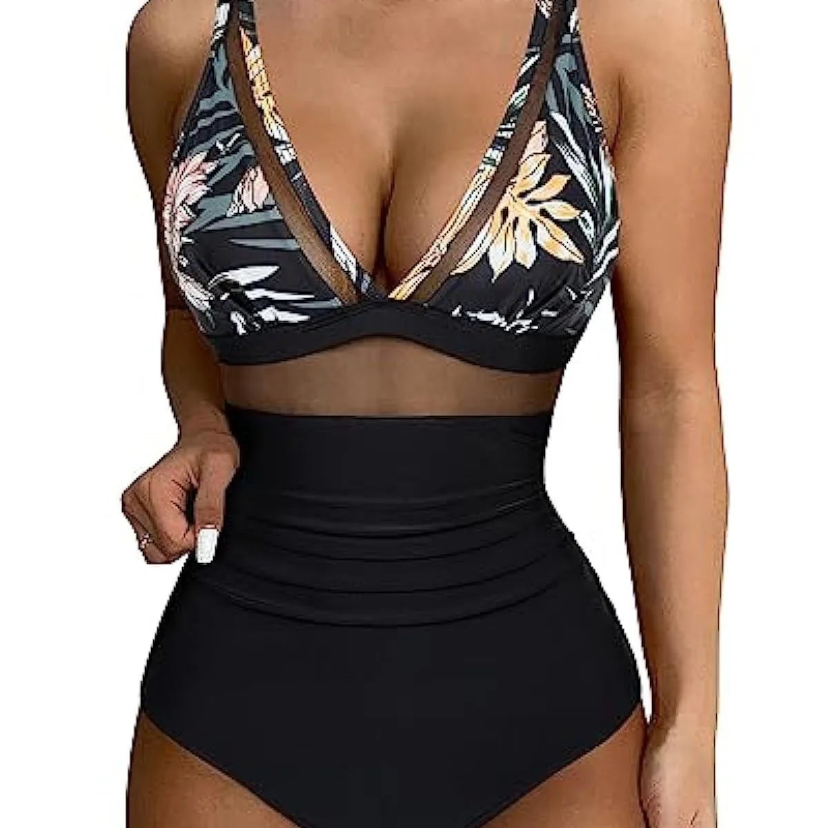 Eendelig Mesh Badpak Sexy Diepe V Multi-Color Bedrukte Bikini