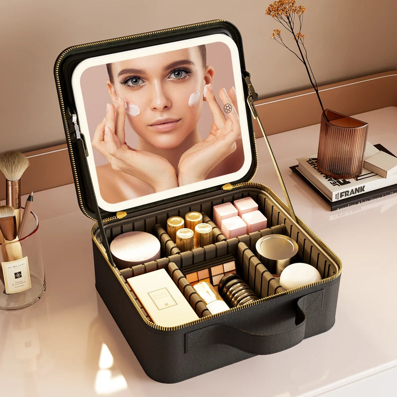 Luxe draagbare make-up tas met spiegel en verstelbare en afneembare LED-verlichting