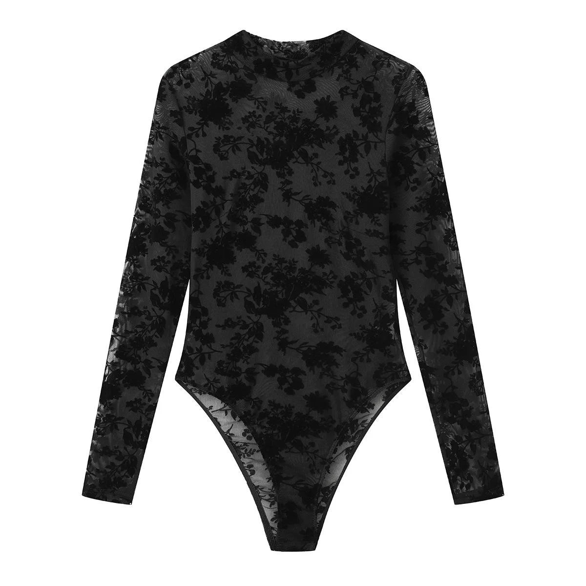 Zwarte Damesbodysuit met Bloemenflock, Doorschijnende Mesh en Zebra-Patroon – Trendy en Elegant!
