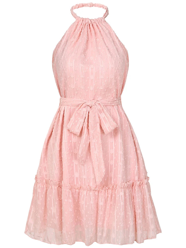 Lavandy Stijl Mouwloze Ruches Mini Jurk met Strik – Casual Strandjurk voor Vakantie & Feest – A-lijn Korte Jurk