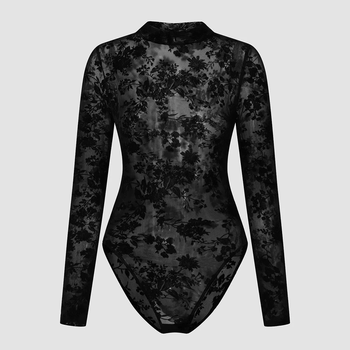 Zwarte Damesbodysuit met Bloemenflock, Doorschijnende Mesh en Zebra-Patroon – Trendy en Elegant!